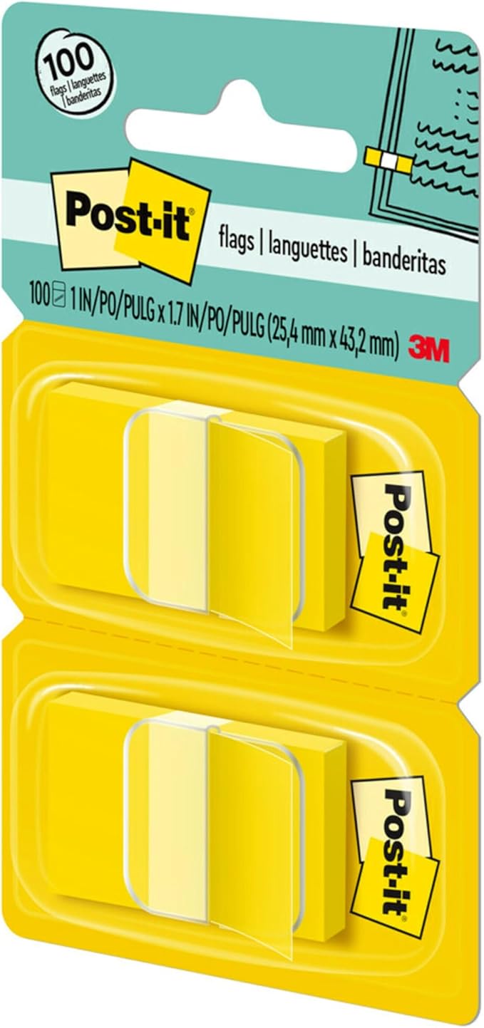 Post-it Flags, 1 in. x 1.7 in., Two Dispensers with 50-Count Yellow Sticky Tabs Per Dispenser (100 Flags Total), Removable Page Markers for Planners, Journals, and Calendars