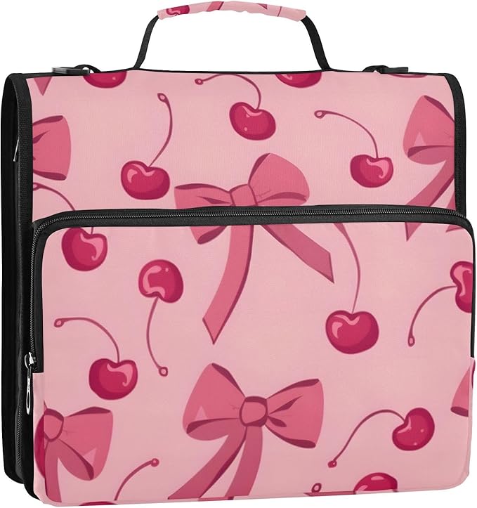 Bow Cherry Pink Zipper Binder Bag 3 Ring Binder with Shoulder Strap Zip Up 500 Sheets Capacity Multi Pockets for School Office Supplies
