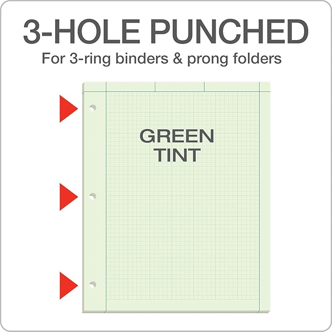 TOPS Engineering Notebooks, Graph Notebooks, 3 Pk Quad Ruled Pad, 8-1/2" x 11", Glue Top, 5 x 5 Graph Rule on Back, Green Tint Paper, 3-Hole Punched, 100 Sheets per Pad (35507A)