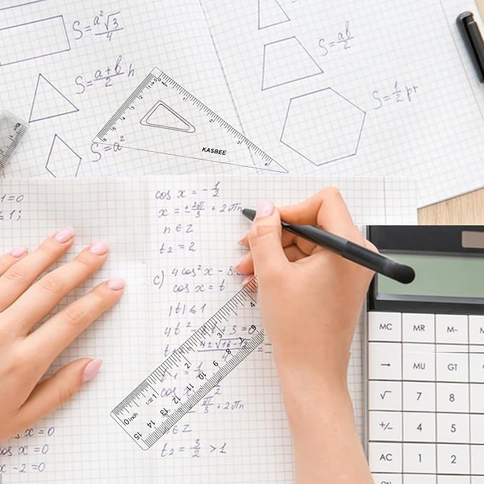 Geometry Set, 4PCS Geometry Kit for Students, Clear Protector, 6in Ruler, 2 Triangles, Metric and Imperial Scales