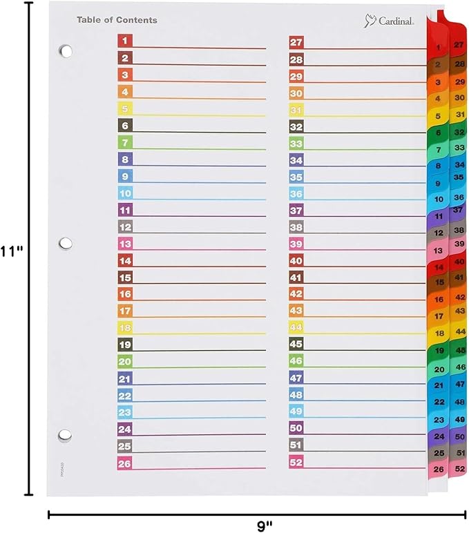 Cardinal 60990 OneStep Printable Table of Contents/Dividers, 52-Tab, 11 x 8 1/2, Multicolor