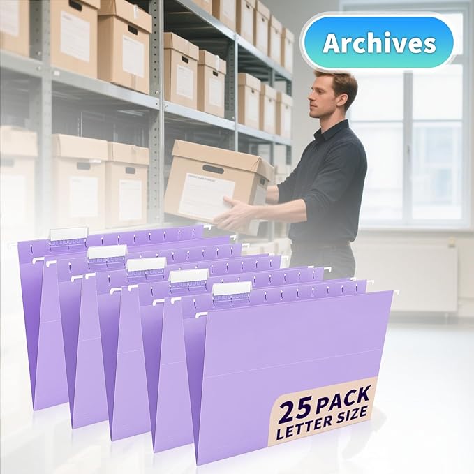 25-Pack Light Purple Hanging File Folders, Letter Size, Includes 35 Transparent Label Cards & 50 Sticker Labels,1/5-Cut Tabs for Home & Office Organization