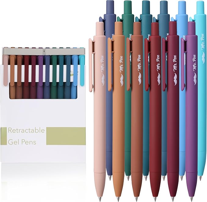 Mr. Pen- Retractable Gel Pens, 12 Pack, Dark Vintage Gel Pens Fine Point 0.7mm, Aesthetic Pens for Journaling Fine Tip Pens