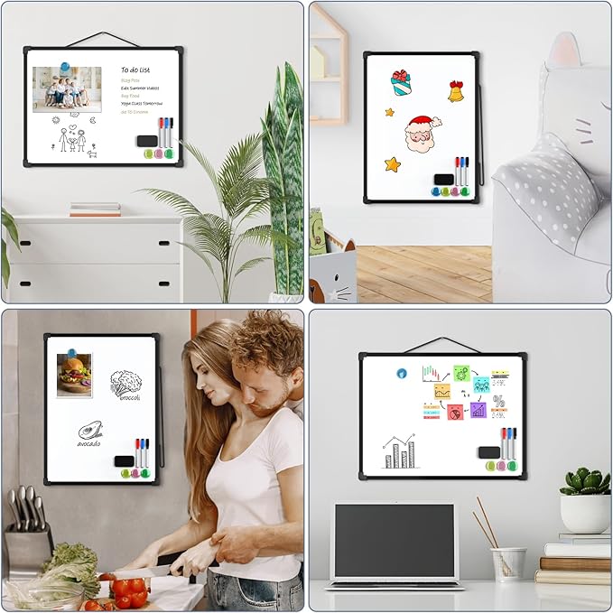 MaxGear Double-Sided Dry Erase Board for Wall, 16"x12" Hanging Whiteboard, Small Dry Erase White Board kit, Portable for Planning, Drawing, Memo, to Do List, Black Frame