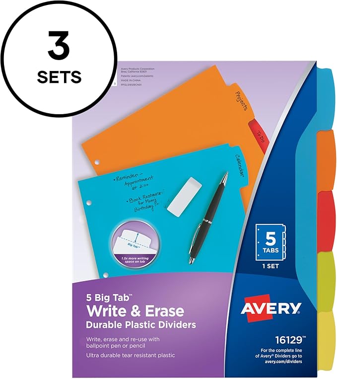 Avery Big Tab Write & Erase Durable Plastic Dividers, 5-Tab Set, Multicolor Brights, 3 Sets (21212) (Pack of 8)