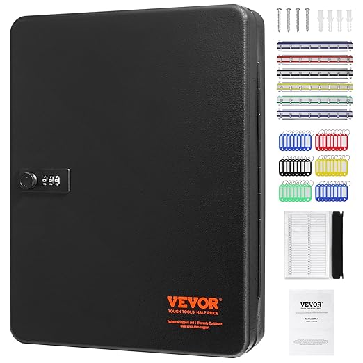 VEVOR 48-Key Cabinet, Key Safe with Combination & Key Lock, Digital Security Storage Box Steel Key Organizer with Adjustable Racks, 48 pcs Colorful Key Tags and A Record Card for School, Office, Hotel