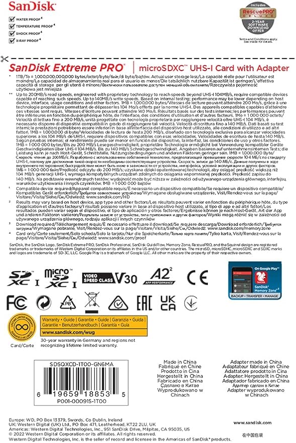 SanDisk Extreme PRO microSDXC UHS-I Memory Card 1 TB + Adapter & RescuePRO Deluxe (for Smartphones, Action Cameras or Drones, A2, Class 10, V30, U3, 200 MB/s Transfer)