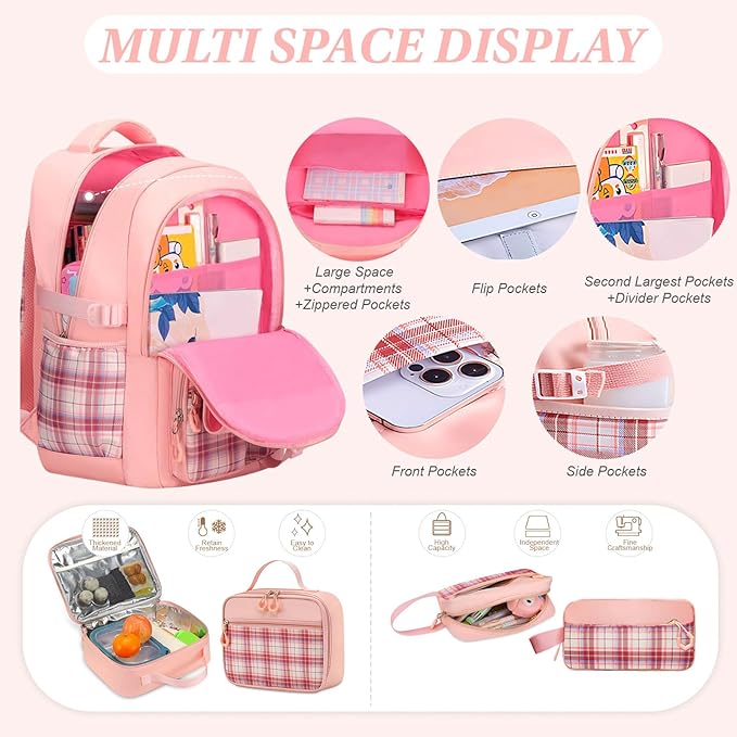 3PCS Girls Backpack Set for School - Cute Kids Bookbag with Lunch Box & Pencil Case, Stylish Backpack Combo for Girls Preschool Elementary Middle High School Students Teens Pink