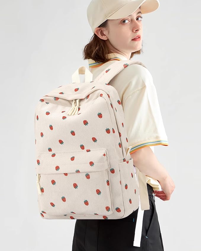 Backpack for Girls Boy Teen Corduroy Bookbags Elementary Middle High School Women Laptop Bag with Lunch Box Pencil Bag (Strawberry Beige)