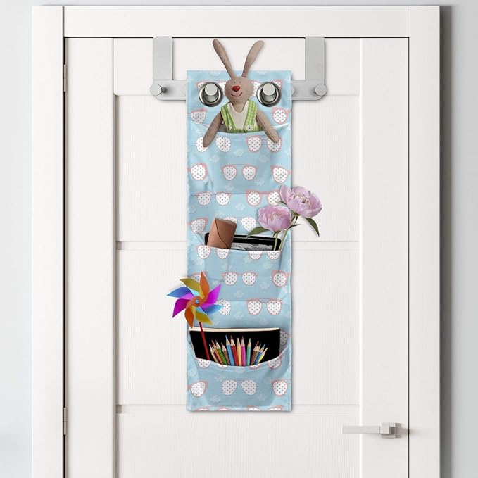 Ambesonne Pastel Hanging Pocket Organizer, Eyeglasses on a Background of Mini-Clouds, Printed Polyester Storage Bag with Pockets, 9" x 27", Blue Blush