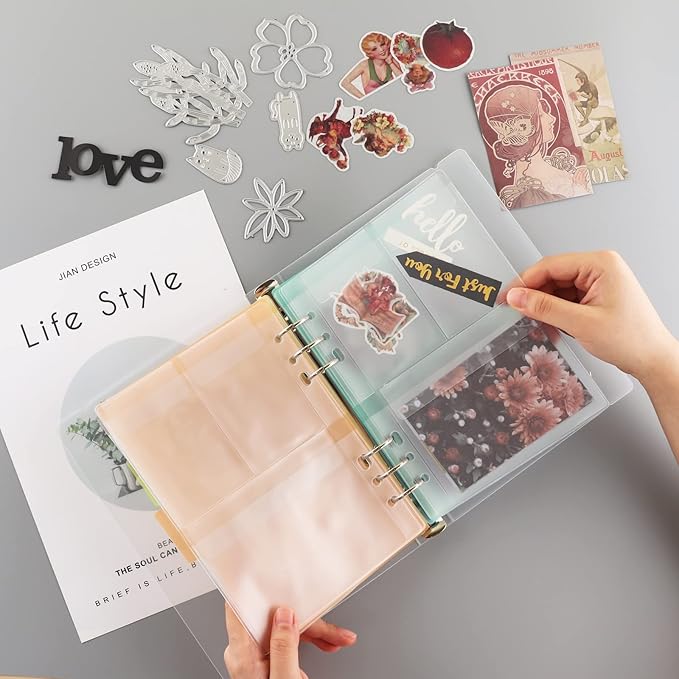 BAOFALI 15PCS Binder Loose Leaf Bags with 5 PCS Tab Binder Dividers and 1pcs 6 Ring Binder Cover for DIY 6 Hole Planner Pages Refill Insert Insert Scrapbooking Paper Card Craft Cutting Dies Storage