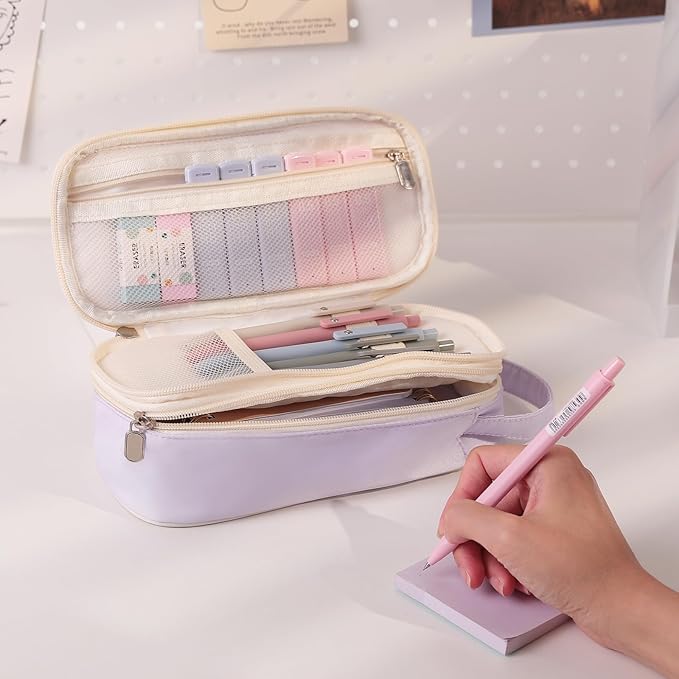 SKYDUE Cute School Supplies 38 PCS, Pencil Case with 12 Pastel Highlighters, 5 Black Gel Pens, Mechanical Pencils, College Essentials Students Stationary Set Purple