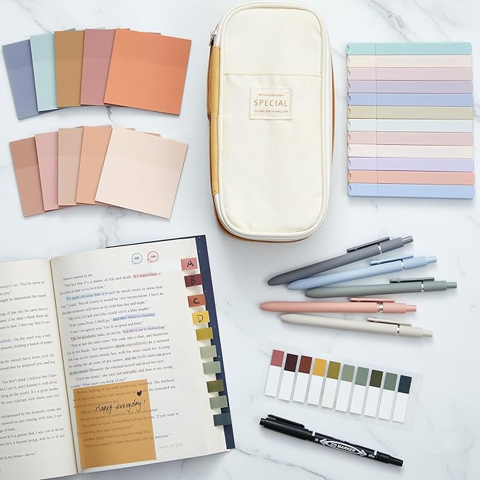 Jutom 39 Pcs Aesthetic Book Annotation Kit Highlighter with Pencil Case Bag Gel Pen Transparent Sticky Note Taking Bible Study College School Supplies(Khaki,Cute Style)