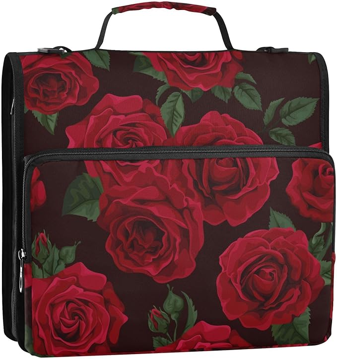 Red Rose Black Roses Zipper Binder Bag 3 Ring Binder with Shoulder Strap Zip Up 500 Sheets Capacity Multi Pockets for School Office Supplies