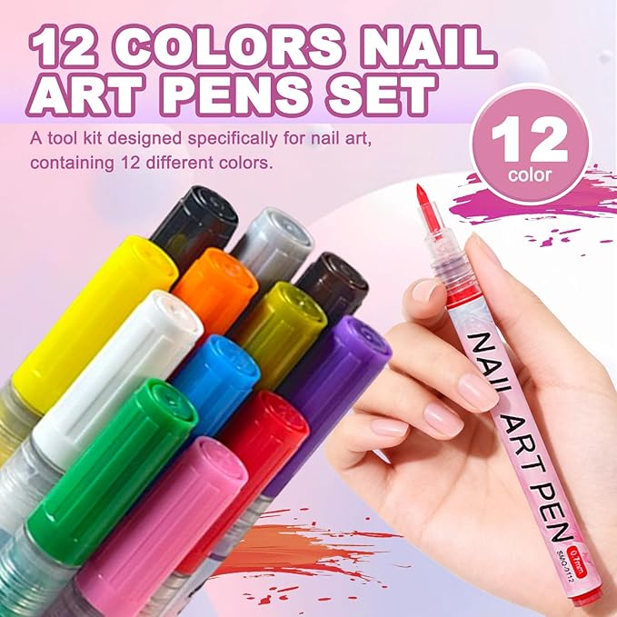 Nail Art Pens Set, 12 Color 0.7 MM Nail Art Markers Nail Polish Pens Drawing Painting Point Liner Painted Kit, Waterproof and Quick-drying Nail for DIY Design Manicure Tools