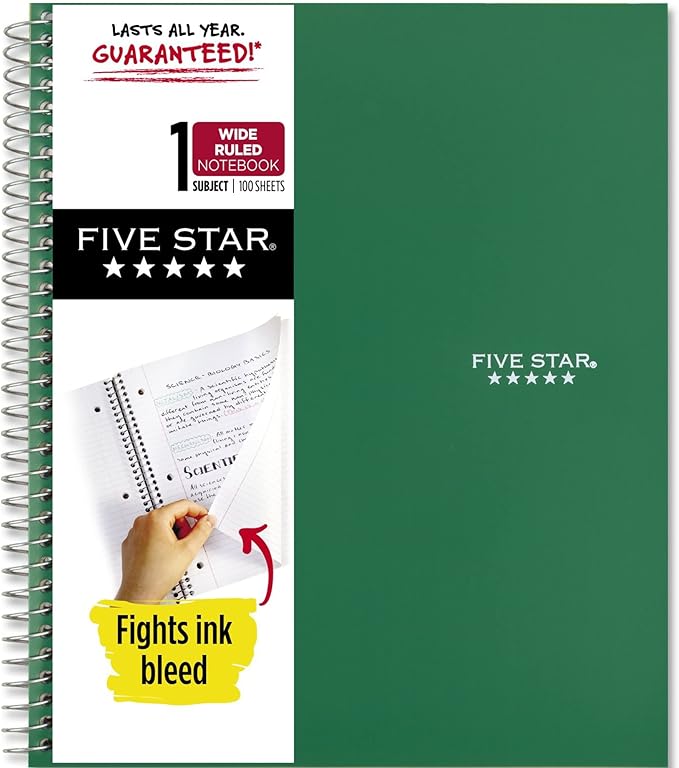 Five Star Spiral Notebook + Study App, 1 Subject, Wide Ruled Paper, 8" x 10-1/2", 100 Sheets, Fights Ink Bleed, Water Resistant Cover, Retro Green (930010CE1)