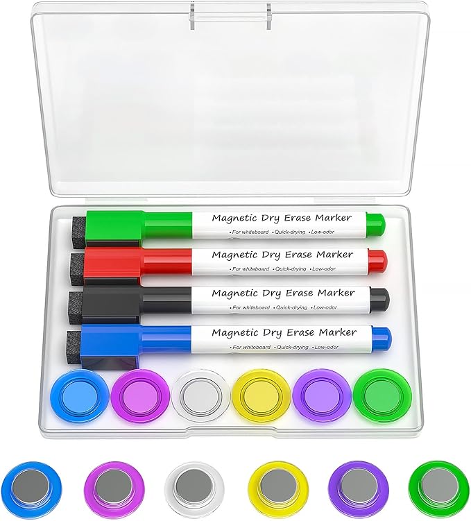 MaxGear Strong Round Magnets with 4 Dry Erase Markers, 6 Colorful Whiteboard Accessories Set for Glass White Board, Refrigerator, Office, Classroom, and Home Use