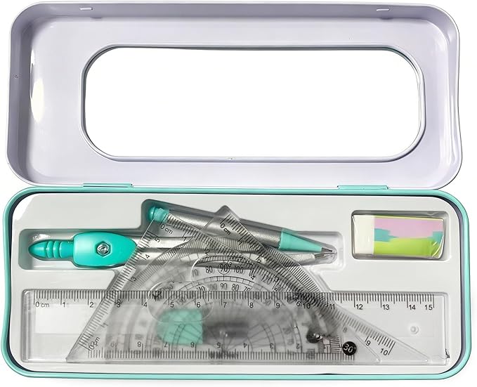 Protractor and Compass Set for School,Geometry Set,Compass Geometry Tool,7P Metal Compass Ruler Eraser Replacement Leads Blue