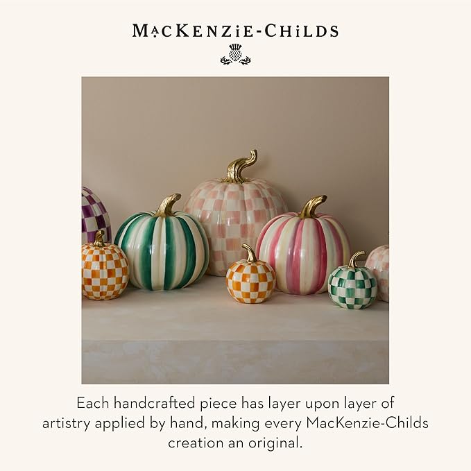 MACKENZIE-CHILDS Pumpkin, Resin Halloween and Fall Decor, Mini, Green-and-White Emerald Check