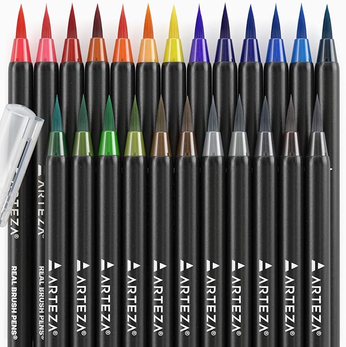 ARTEZA Watercolor Paint Pens, 24 Watercolor Brush Pens with Flexible Nylon Brush Tips, Paint Markers for Artists, and Beginners