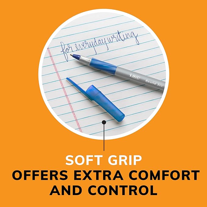 BIC Round Stic Grip Xtra Comfort Blue Ballpoint Pens, Medium Point (1.2mm), 12-Count Pack, Excellent Writing Pens With Soft Grip for Superb Comfort and Control