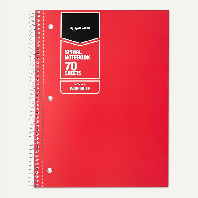 Amazon Basics Wide Ruled Spiral Notebook, For Work and School, 70 Sheets, 8" x 10.5", 3 pack, Assorted Primary Solid Colors