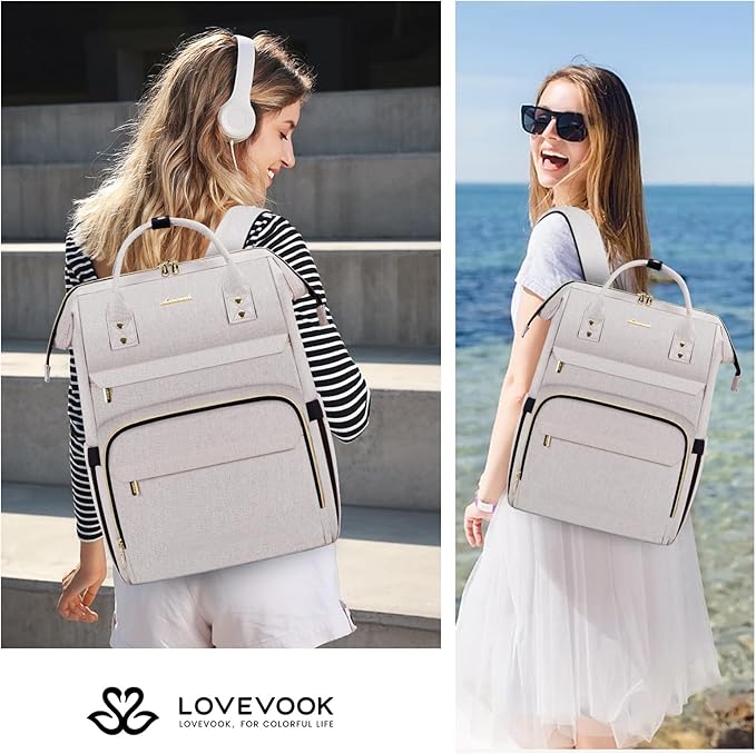 LOVEVOOK Laptop Backpack for Women,15.6 Inch Professional Womens Travel Backpack Purse Computer Laptop Bag Nurse Teacher Backpack,Waterproof College Work Bag Carry on Back Pack with USB Port,Off-white