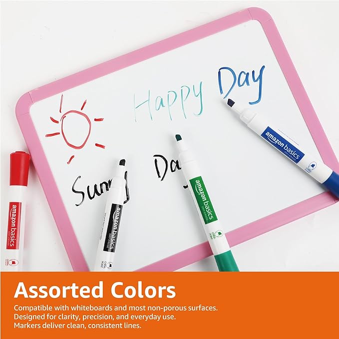 Amazon Basics Dry Erase Whiteboard Markers, Chisel Tip, Low-Odor, Assorted Colors, 4-Pack, Black, Red, Green, Blue