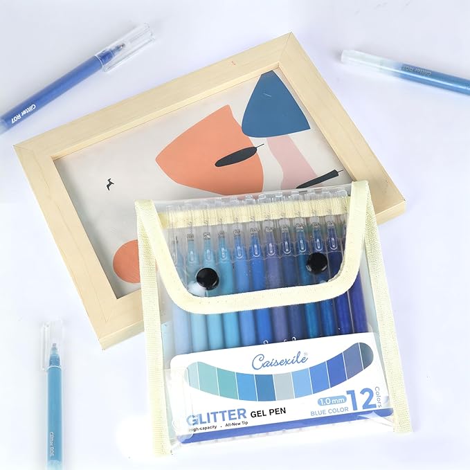 12 Blue Glitter Gel Pens Set, 1.0 mm Fine Point for Black Paper & White Paper, Large Capacity Pens for Journaling, Adult Coloring Books, Drawing, Note Taking, Highlighting