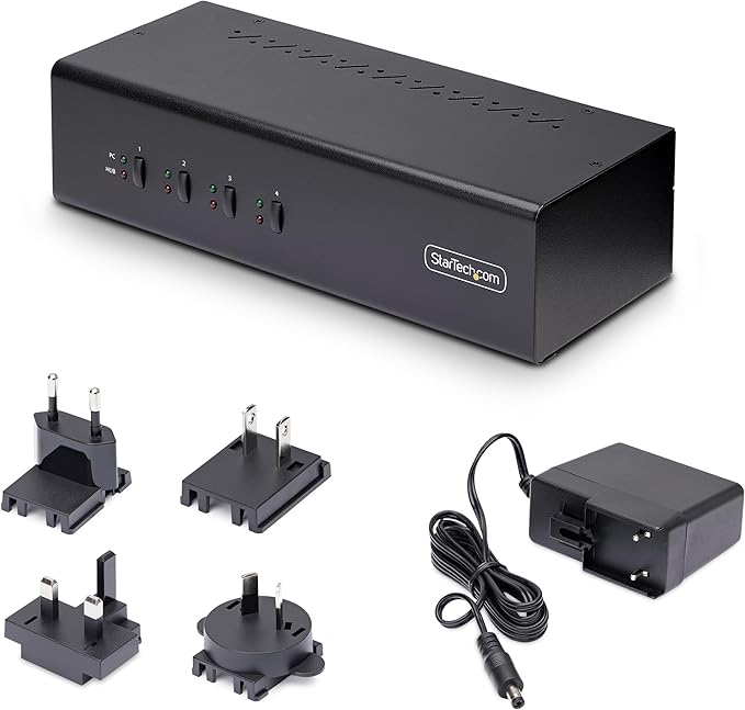 StarTech.com 4-Port Dual-Monitor DisplayPort KVM Switch, 4K 60Hz, 2X USB 5Gbps Hub Ports, 2X USB 2.0 HID Ports, Hotkey and Push-Button Switching, TAA Compliant (P4DD46A2-KVM-SWITCH)
