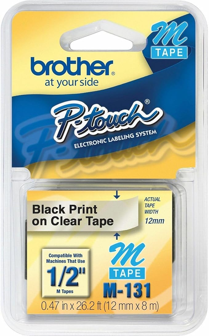 Brother Genuine P-Touch M-131 Tape, 1/2" (0.47") Standard P-touch Tape, Black on Clear, for Indoor Use, Water Resistant, 26.2 Feet (8M), Single-Pack