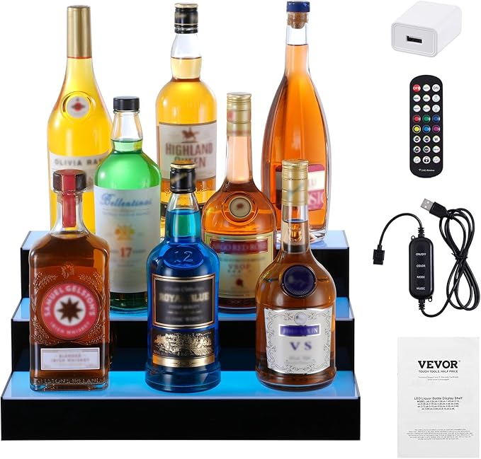 VEVOR LED Lighted Liquor Bottle Display, 3 Tiers 16 Inch Commercial Illuminated Home Bar Shelf, 3 Steps Whiskey Rack Stand, Acrylic Drink Shelves with RF Remote & App Control, and Multicolor Light