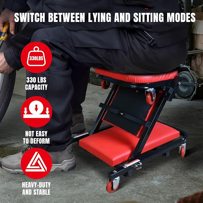 Big RED ATW4015ZR Torin ,40" Foldable Z-Creeper Seat,2-in-1 Garage/Shop Creeper,330 lbs Capacity,Low Profile Creeper with 6 pcs Wheels for Auto Repair,Garage and Shop,Lay Down or Sit,Red