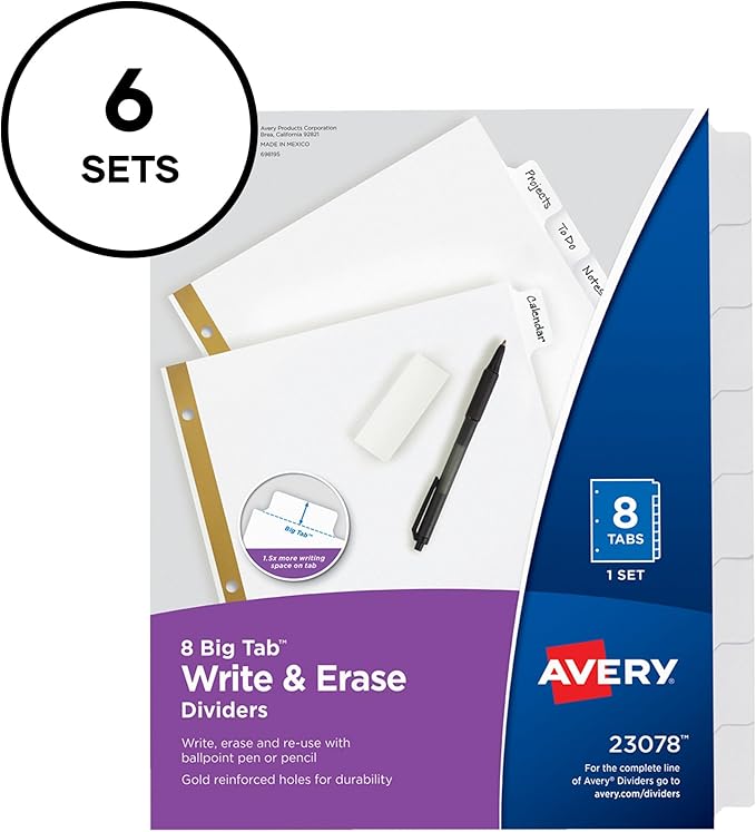 Avery Big Tab Write & Erase Paper Dividers with Gold Reinforcement, 8-Tab Set, White, 6 Sets (21213)