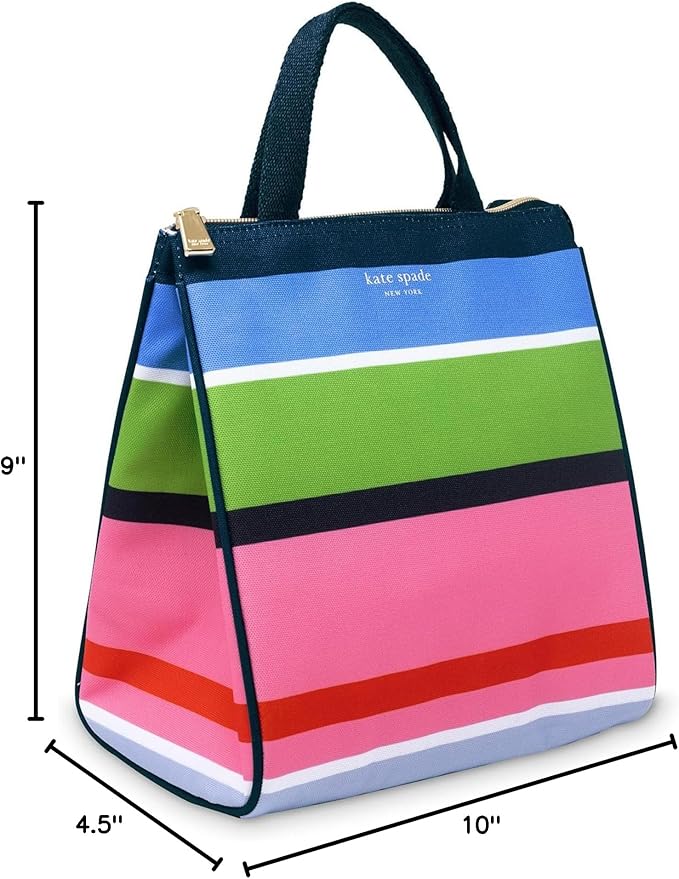 kate spade new york Cute Lunch Bag for Women, Large Capacity Lunch Tote, Adult Lunch Box with Silver Thermal Insulated Interior Lining and Storage Pocket, Sunny Day Stripe