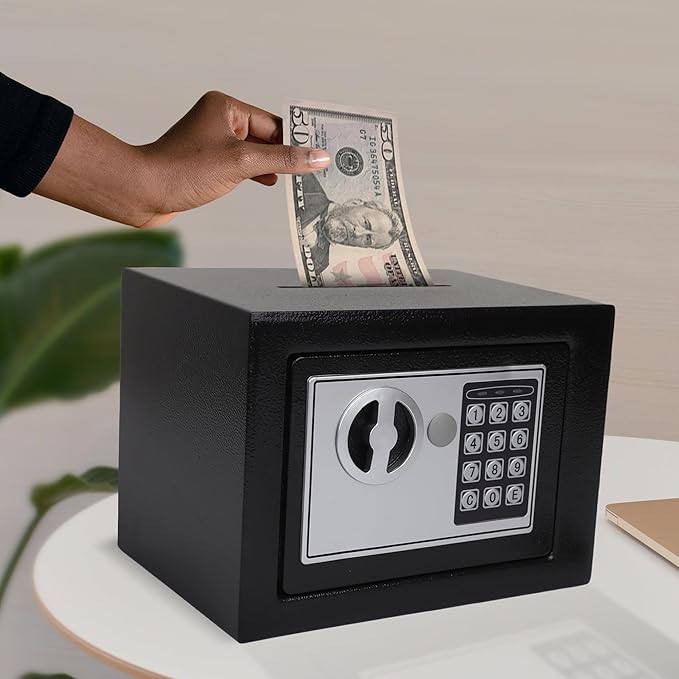 Darice Safe Box for Money – Safe with Electronic Combination Lock and Emergency Key – Cash Safe with Money Slot – Ideal for Documents, Cash, Jewelry (7.9" x 11.8" x 7.9" Black)