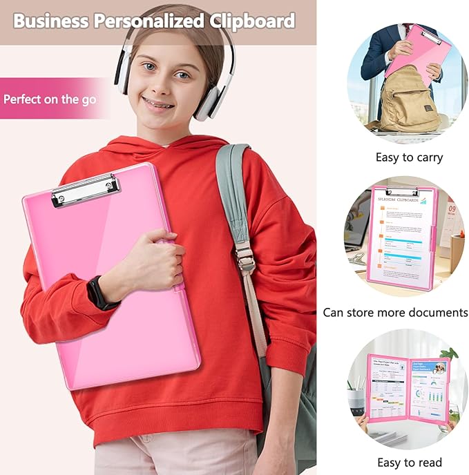 SFLHHDM Clipboard with Storage,Heavy Duty Clip Boards 8.5x11 with 2 Storage Case,Clear Visible Panel Storage Clipboards,Side Opening Nursing Clipboard Folder for Office Supplies-Pink