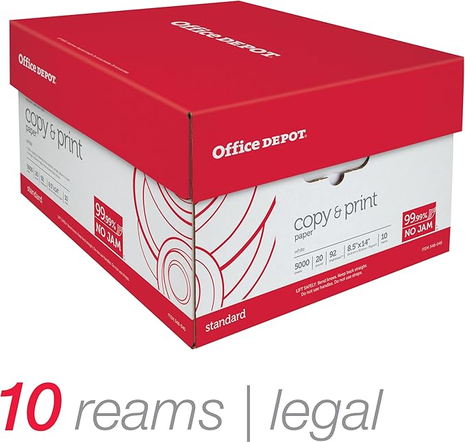 Office Depot Copy Print Paper, Legal Size, 20 Lb, 500 Sheets Per Ream, Case Of 10 Reams, 063224