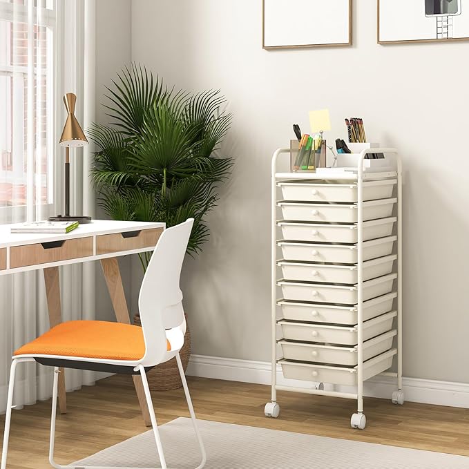 COSTWAY 10-Drawer Rolling Storage Cart, Utility Mobile Trolley with Removable Drawers & Universal Casters & 2 Brakes, Versatile Flexible Drawer Organizer Cart for Home, Office, White