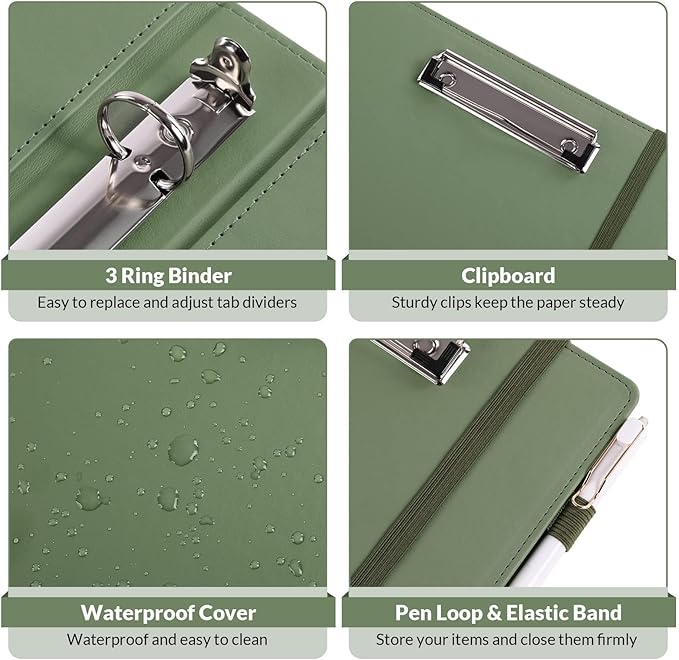 SKYDUE Clipboard Binder with Refillable Notepad, PU Clipboard Folder Includes 5 Dividers with 10 Pockets, Labels, 3 Ring Binder 1 Inch for School Office (Fit Letter Sized Paper),Olivegreen