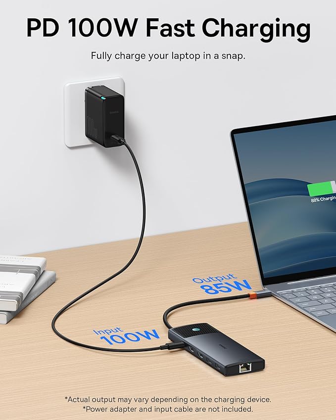 Baseus Docking Station Dual Monitor,10Gbps 10 in 1 Docking Station with 2 HDMI Single 4K@120Hz, Dual 4K@ 60Hz,10Gbps USB C and USB A, Gigabit Ethernet, PD 100W, SD/TF for iPhone 15/Mac/Dell/HP/Lenovo