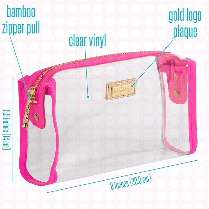 Lilly Pulitzer Clear Zipper Pouch, Cute Pencil Case for Adults, Travel Toiletry Bag, Small Pouch Bag for Supplies, Makeup or Toiletries (Aura Pink)