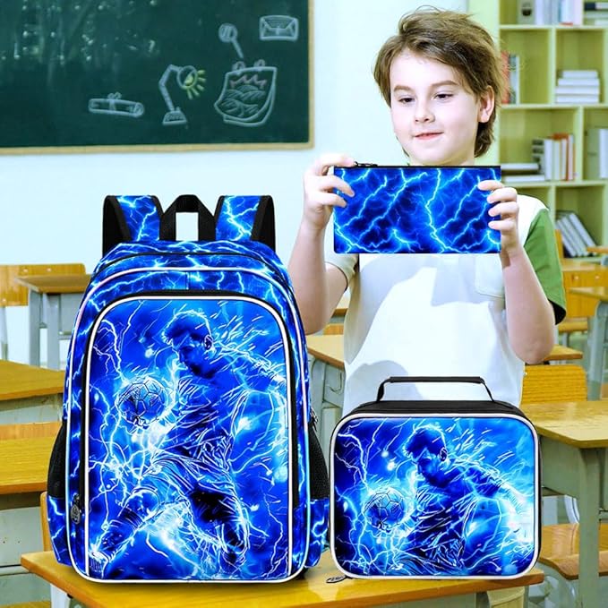 KLFVB 3PCS Backpack for Boys, 17" Football Bookbag and Lunch Box, Water Resistant Teenagers School Backpacks for Middle Elementary - Lightning Soccer