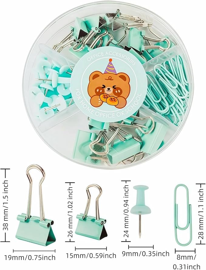 45 Pcs Metal Binder Clips Set with Pushpins,Cute Green Desk Supplies Multi-Size Binder Clips,Glossy Tacks, and Reusable Paper Clips.Portable case for School/Office.Perfect Green Desk Accessory Gift
