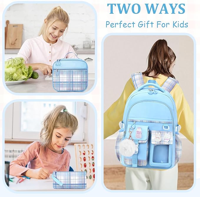 School Backpack for Girls - 5PCS Girls Backpack with Lunch Box Set for Elementary, Middle and High School Students - 18" Large Capacity School Bookbag with Multiple Pockets