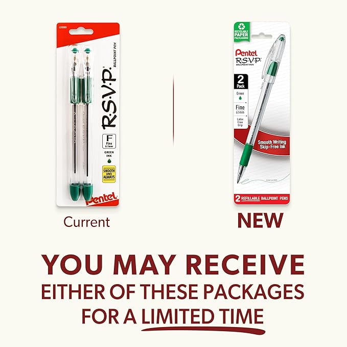 Pentel R.S.V.P. Ballpoint Pen, Fine Line, Green Ink (BK90BP2D) (Pack of 1, 2 Count Total)