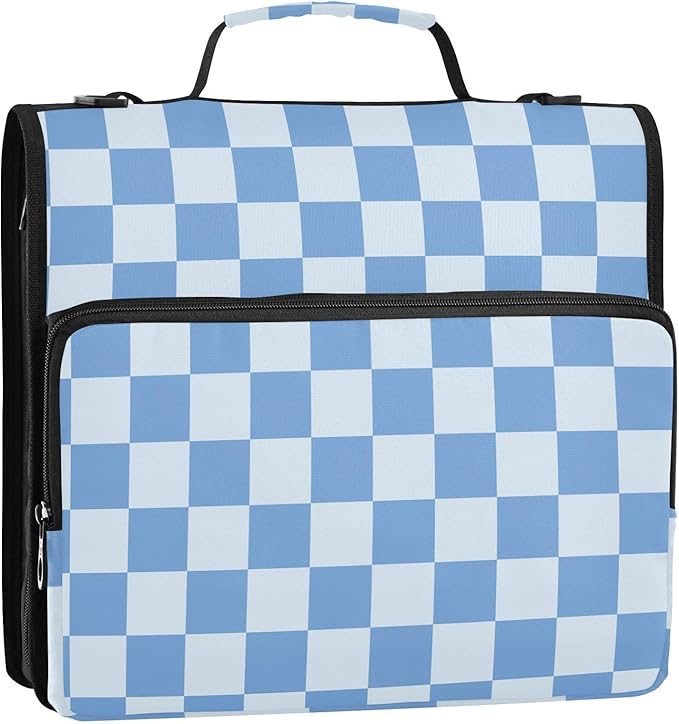 3 Ring Zipper Binder with Shoulder Strap Blue Checkered White Buffalo Plaid 1.5 inch Binders Keeper Large Capacity Multi Pockets for School Office Supplies