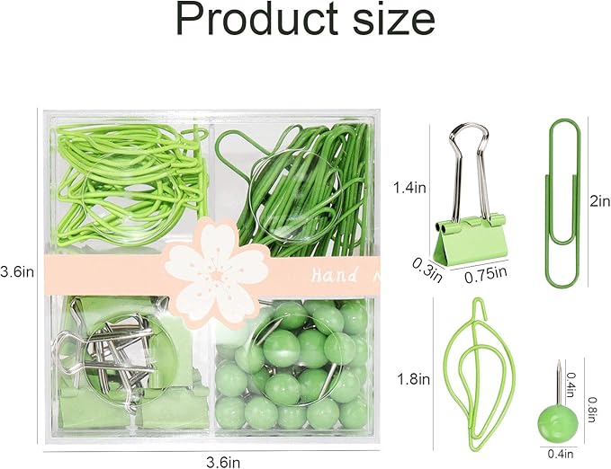 Cute Thumb Tacks Paper Clip Binder Clips Push Pins Set Assorted Size Metal Clips in Plastic Holder Decorative Desk Accessorries (Green)