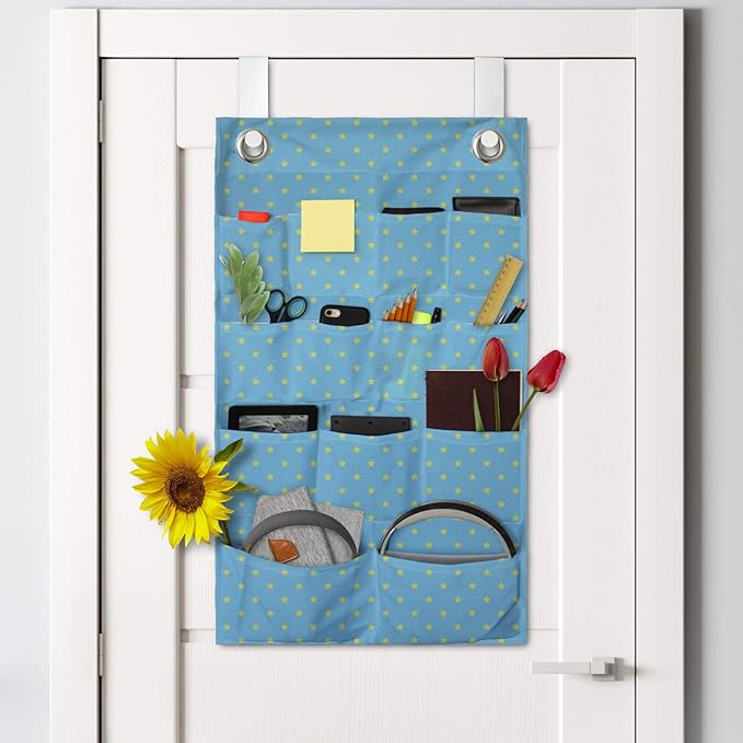 Ambesonne Stars Hanging Pocket Organizer, Continuous Abstract Pattern of Mini Star Motifs Geometric Elements, Printed Polyester Storage Bag with Pockets, 21" x 31", Sky Blue Yellow Green