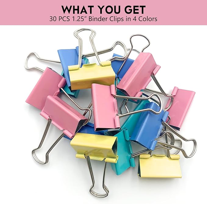 Medium Binder Clips, 25pcs 1.25 Inch Binder Clips Set in Vibrant Colors, Quality Tempered Steel Paper Clips for Office, Home, School, Crafts, Office Supplies Paper Clamps